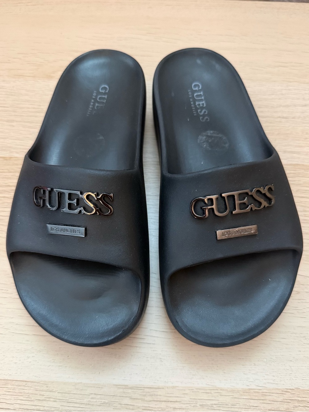 GUESS Black Slide Sandals with Gold Logo